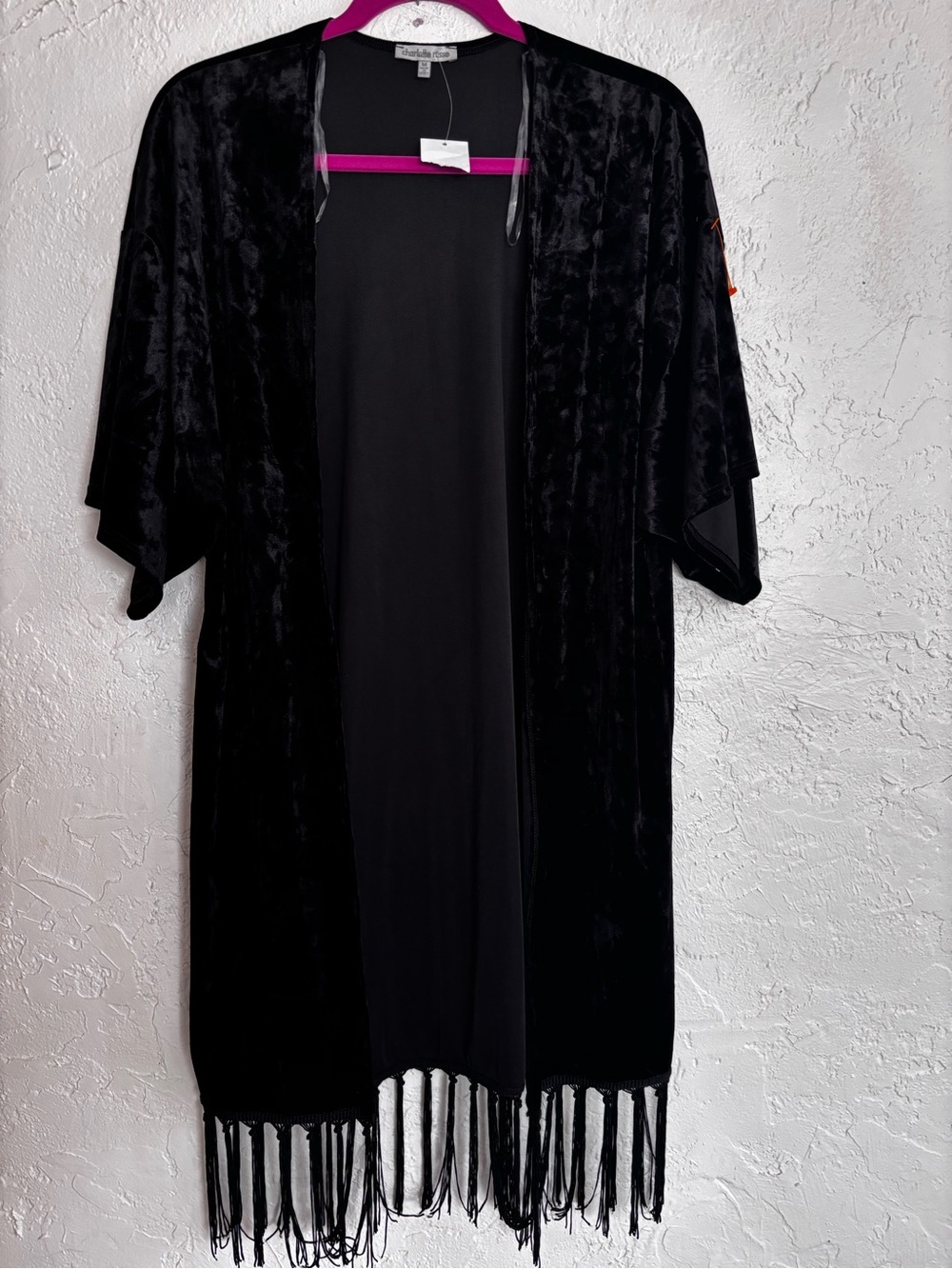 Black Crushed Velvet Fringe Kimono‎ Cardigan Western Boho Festival Duster M